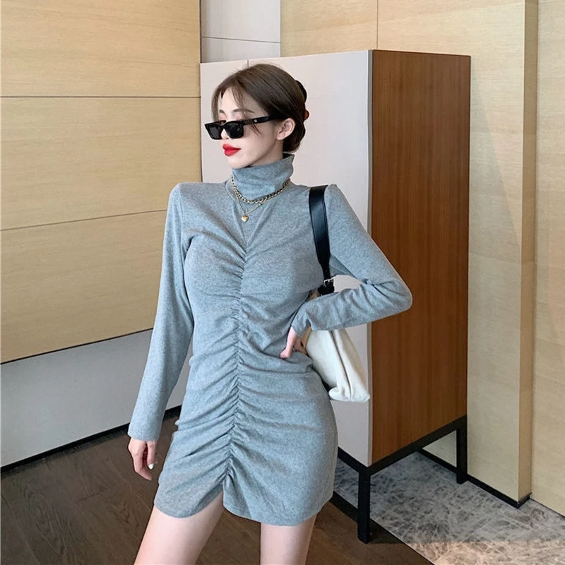 

Spring And Winter Exotic High Neck Autumn Dress Women Elegant Women's Wrinkle Slim Fit Versatile Long Sleeved Short Skirt Top