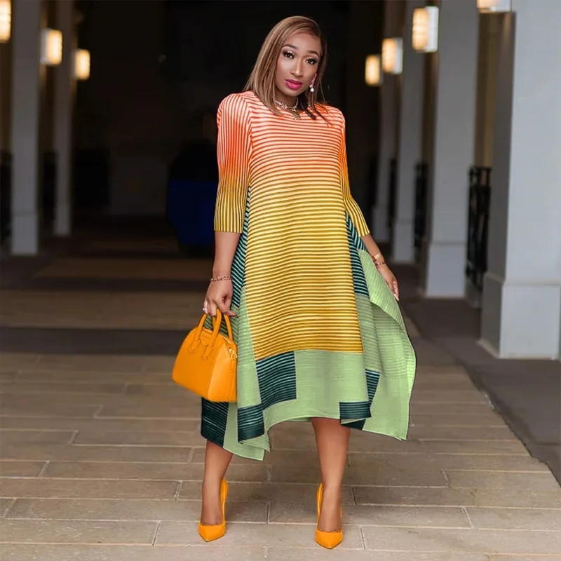

Women Casual Loose Dresses Round Neck Striped Patchwork Half Sleeve High Slit Long Dress Early Fall Lady Elegant Commute Clothes