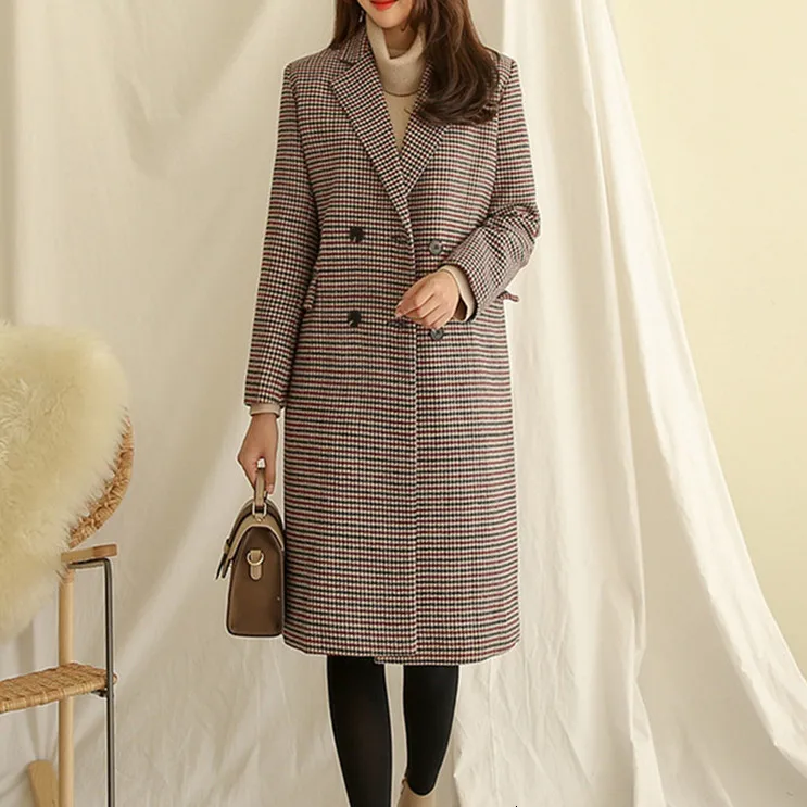 Осенне-зимнее пальто винтажное клетчатое женское двубортное шерстяное пальто с длинным рукавом корейская модная верхняя одежда Manteau Femme - Цвет: The picture color