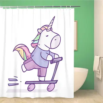 

Bathroom Shower Curtain Pink Adult Cartoon Character Unicorn Riding by Scooter Animal 66x72 inches Waterproof Bath Curtain Set
