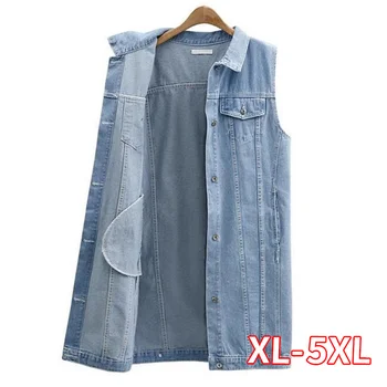 

Femme Denim jacket Summer Women Turn-down Collar Casual Coat Sleeveless Long Denim coat Large Size 5XL Sleeveless Tops