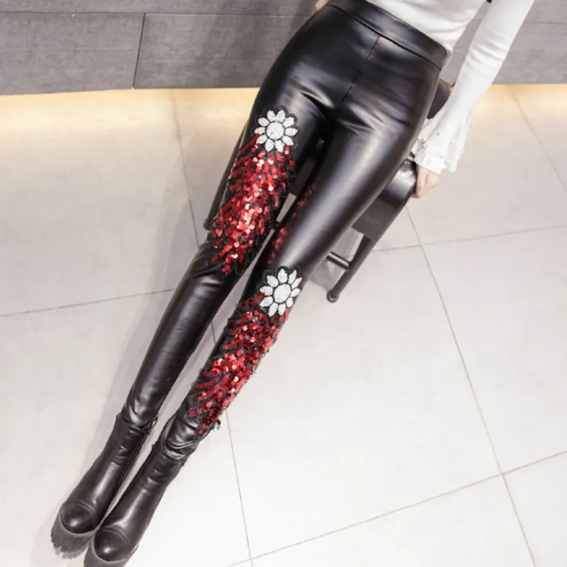 Осенние модные новые штаны из искусственной кожи с высокой талией, женские леггинсы с кружевом и блестками, сексуальные повседневные штаны размера плюс, черные обтягивающие эластичные 7596 50 - Цвет: Red sequins