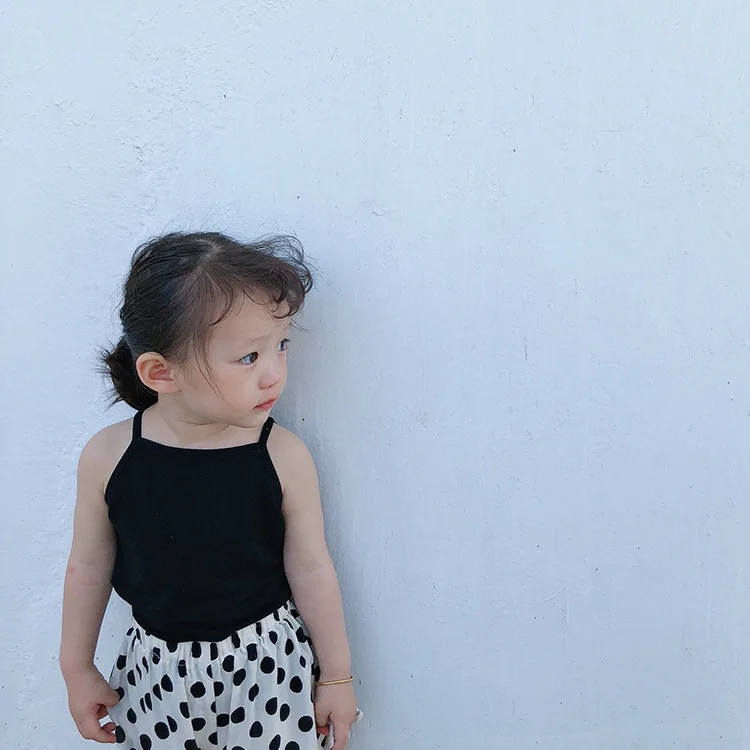 Summer Cute Girls Cotton Sleeveless Slipping Tops Kids All-match Casual T Shirts Clothes - Цвет: Black