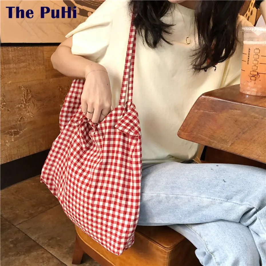 

Canvas Bag Grid Tote Bag Cotton Shopping Bag Reusable Handbags Canvas Bag Tote Handbags Preppy Style Cotton Cloth Shoulder Bag