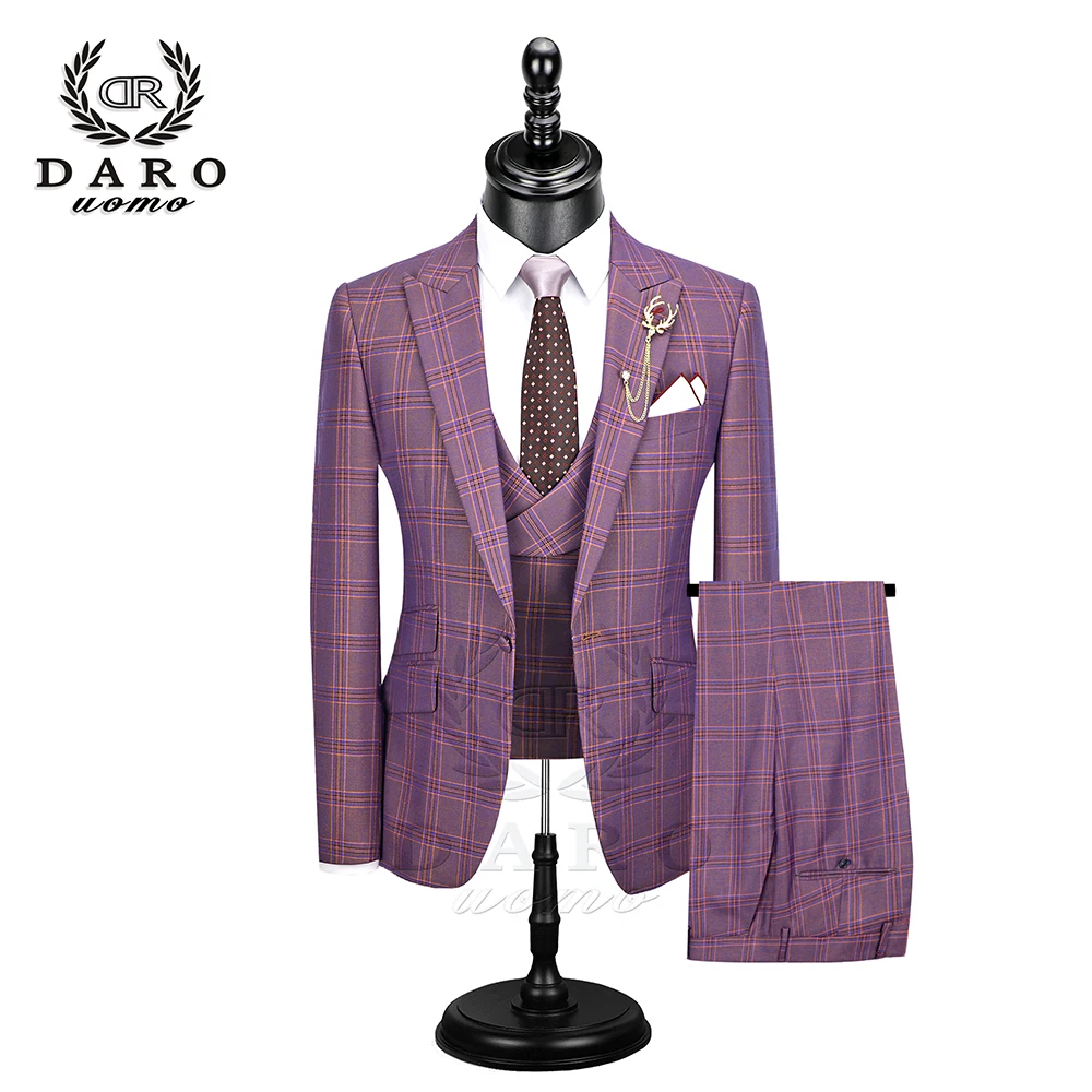 

DARO 2019 New Men Suit 3 Pieces Fashion Plaid Suit Slim Fit blue purple Wedding Dress Suits Blazer Pant and Vest DR8193