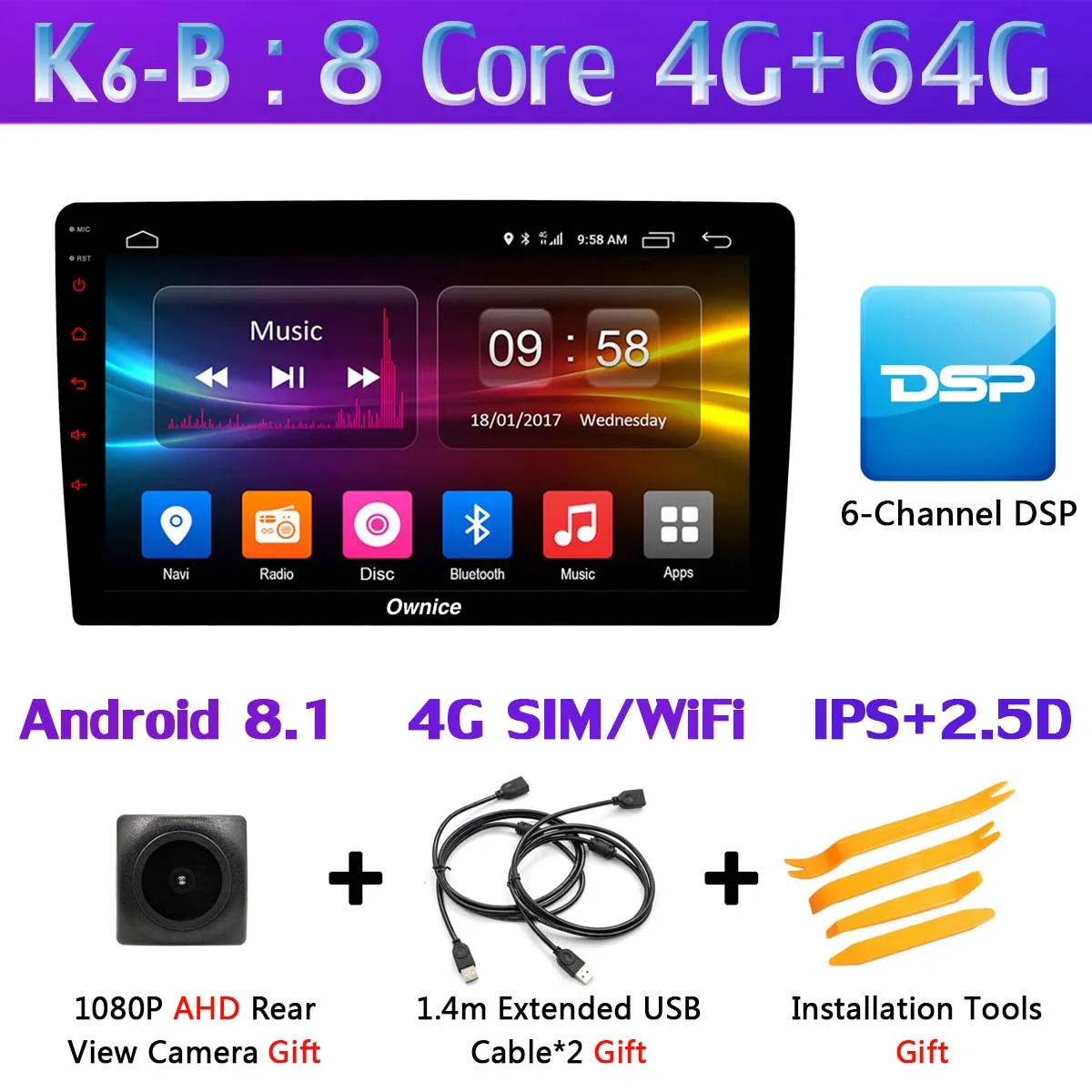 K6-B Ownice K6 ультратонкий 1 din Универсальный 4 SIM LTE WiFi 8Core Android 8,1 4G+ 64G Автомобильный мультимедийный плеер радио gps SPDIF DSP CarPlay - Цвет: K6-B