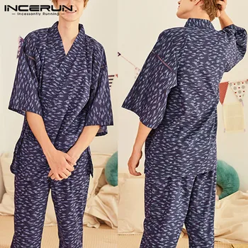 

Men Casual Sleepwear Suits Men Printed Pajamas Sets Half Sleeve V Neck Homewear Kimono Long Pants Harajuku Nightwear 5XL INCERUN