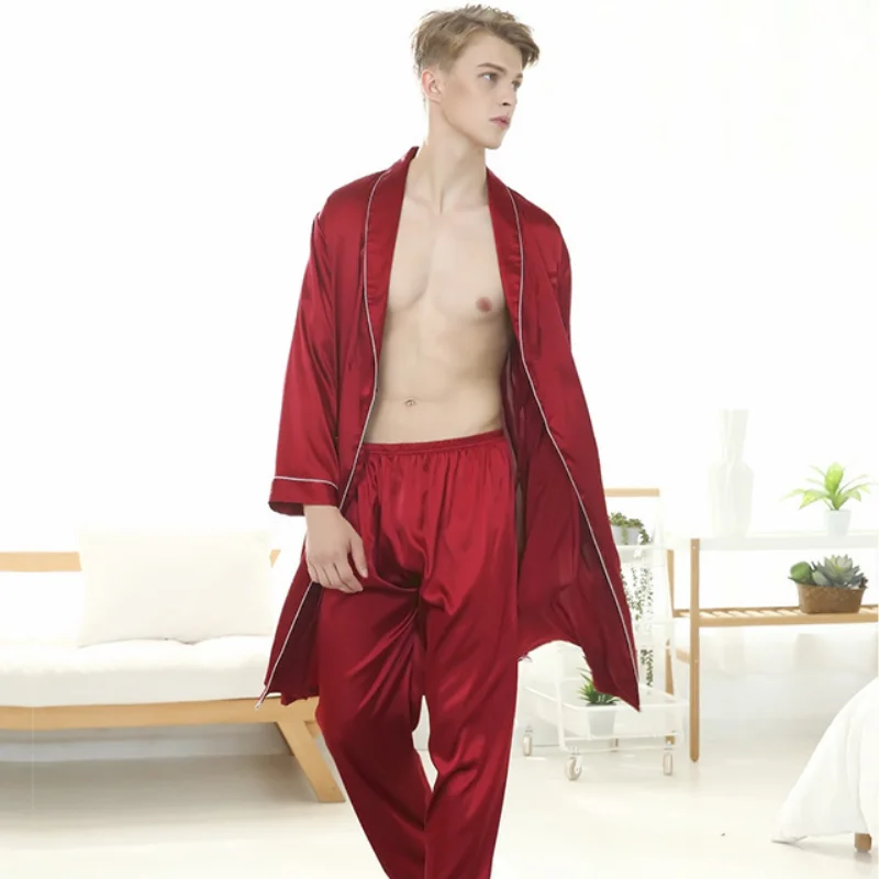 Men\'s Robe Sets Nightgown Satin Silk Summer And Autumn Kimono Bathrobe Gown Long Sleeve Sleepwear 2 Pieces Home Dressing MY440