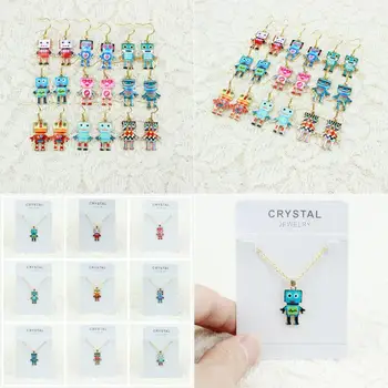 

Cute Mini Cartoon Robot Pendant Necklaces Earrings Golden Chain Choker Necklace Women's Hook Dangle Drop Earring Jewelry Set