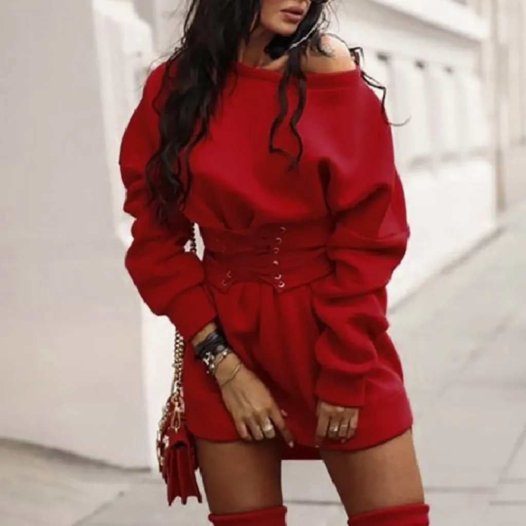Платье женское модное женское однотонное плотное флисовое платье с круглым вырезом и длинным рукавом+ пояс на поясе Бандажное платье зимняя уличная одежда Vestido - Цвет: Красный
