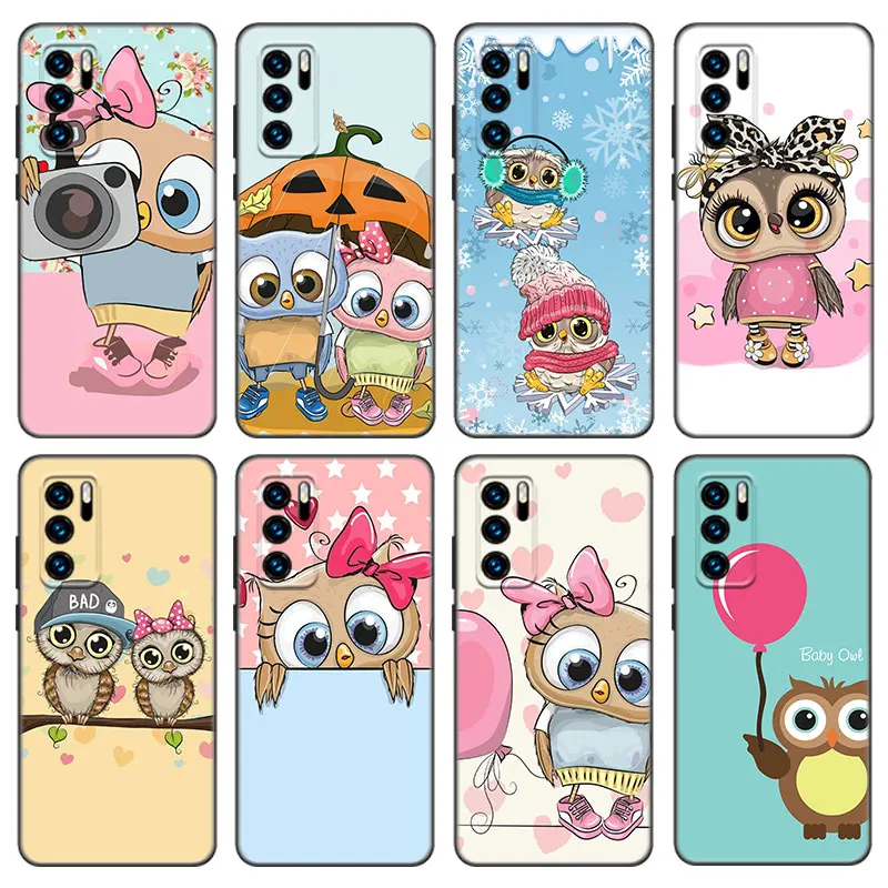 Lovely Animal Owl Case For Huawei P50 P40 P30 P20 Pro P10 P9 P8 Lite 2017 P Smart Z S 2021 2020 2019 2018 Black Cover | Мобильные