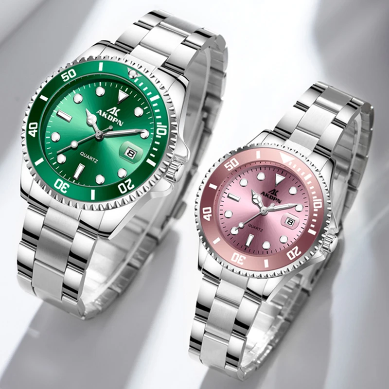 Fashion Couple Quartz Watch Stainless Steel Strap Waterproof Watch Green Pink Dial Date Clock for Lovers Gift Reloj