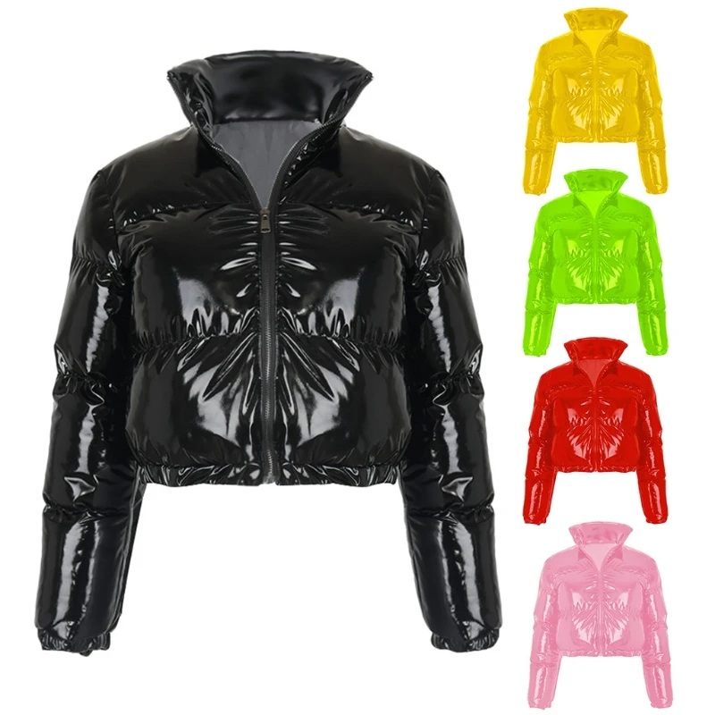 

Women Long Sleeve Zipper Puffer Jacket Shiny Metallic Faux Leather Cropped Coat