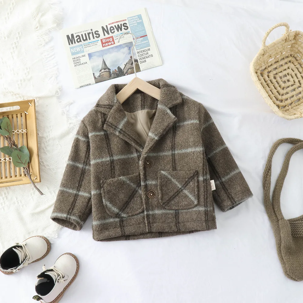 autumn and winter children's jacket girl boy suit plus cotton jacket plaid woolen coat - Color: picture color