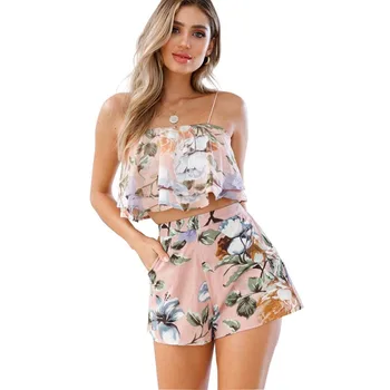 

Floral Print Two Piece Set Top and Pants Summer Women Sexy Off Shoulder RufflesTops Floral Print Female Casual Holiday Outfits