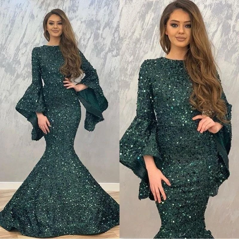 

2020 Dark Green Mermaid Evening Dresses Sequin Long Sleeves Prom Gowns For Dubai Women Formal Wear Vestido de fiesta Abendkleid