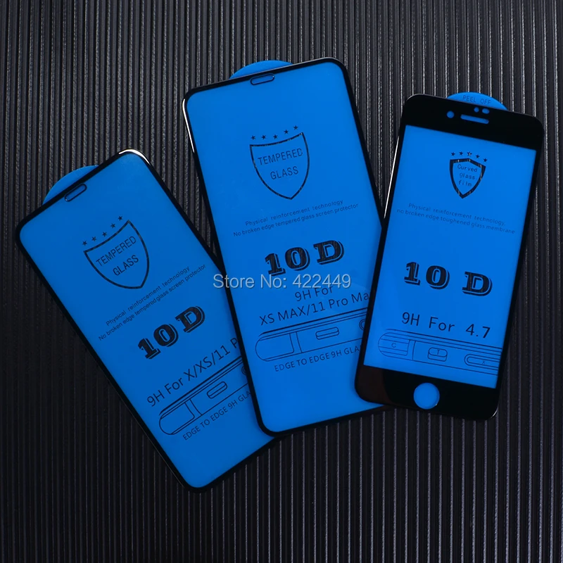 50pcs 10D Tempered Glass For iPhone 12 Mini 11 Pro Max XS XR X 8 7 6 6S Plus SE Full Coverage Guard Curved Screen Protector Film