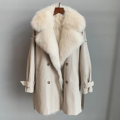 beige short Новое модное зимнее женское пальто из натурального меха, парки из натурального Лисьего меха с мехом, верхняя одежда, Тренч, пальто, кардиган, пальто для женщин - Цвет: beige short