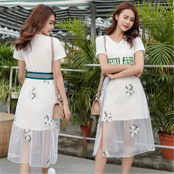 

CBAFU S-3XL fashion summer 2 piece set women casual letter print long t shirt see throught split embroidery mesh skirt suit F246
