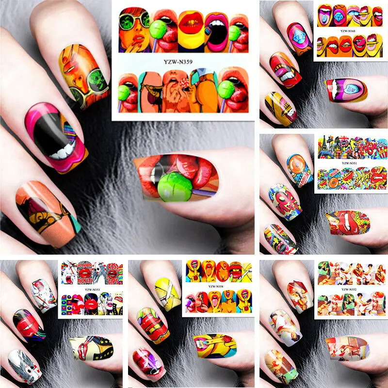 

Pop Designs Nail Art Stickers Slider Water Transfer Decals Cool Sexy Girl Lips DIY Nails Tips Decorations Full Wraps Manicure
