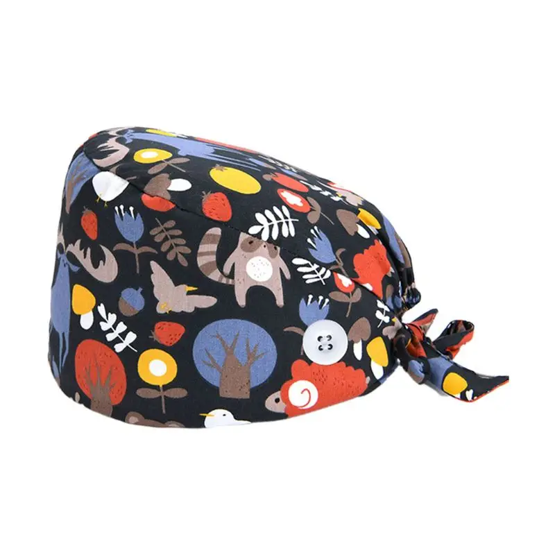 37 Colors Unisex Adjustable Working Scrub Cap with Protect Ears Button Electrocardiogram Embroidery Floral Print 