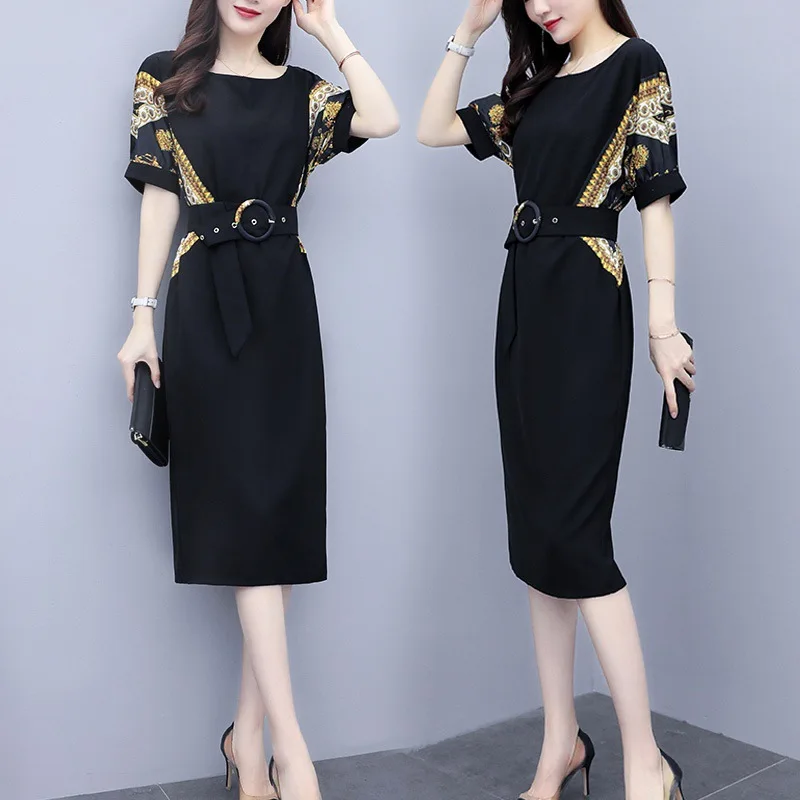 Large Size Splicing Print Chiffon Dress Women Summer New Your Waist Thin O-neck Short Sleeve OL Office Lady | Женская одежда