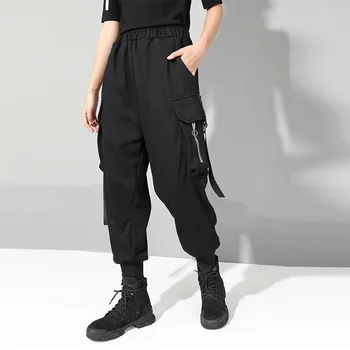 

Europe Women's High Street Fashion Elastic Waist Zip Pockets With Belt Black Pants Female Casual Plus Size Personality Trousers