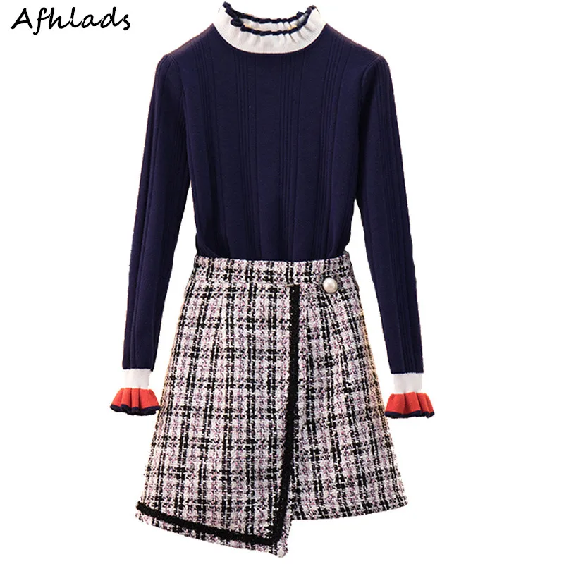 

2 Set Female Autumn 2019 New Long-Sleeved Round Neck Patchwork Sweater + Irregular Tweed Bodycon Skirt Was Thin Two-Piece Set