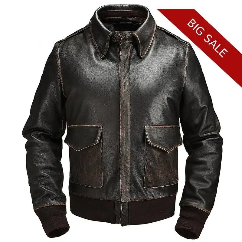 

2020 Vintage Brown American A2 Pilot Leather Jacket Double Pockets Genuine Sheepskin Military Aviator Leather Coat