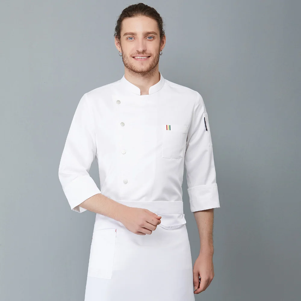 Высококачественная куртка для шеф-повара, пальто для кухни, униформа для ресторана, рубашки с длинными рукавами, одежда для кухни в отеле - Цвет: Белый