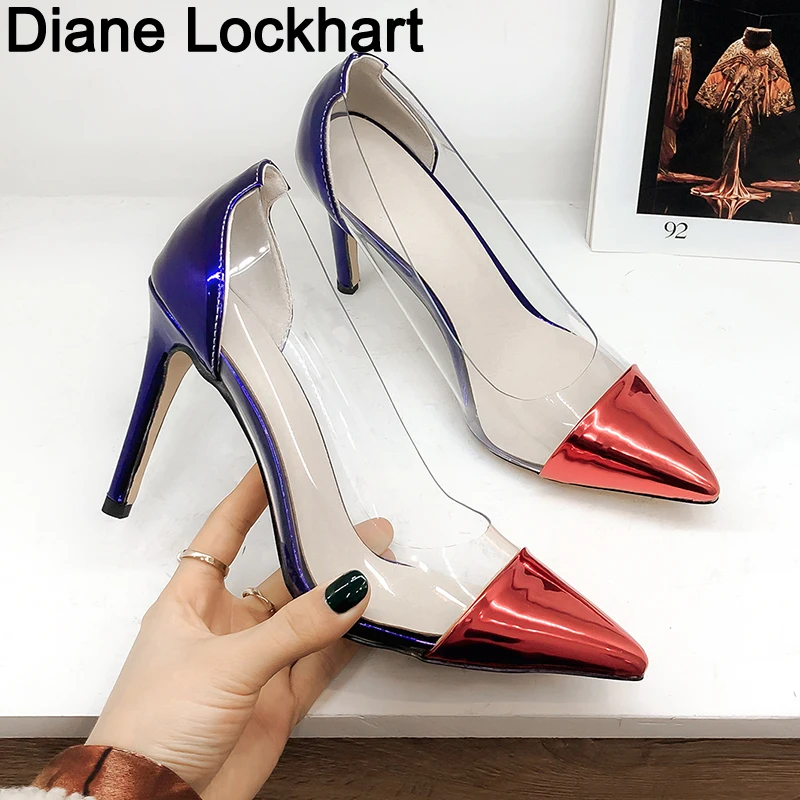 

2020 Fashion Mixed colors PVC Pumps For Woman Transparent Sandals Thin High Heels Woman Pointed Toe Shoes Female sapato 32-45