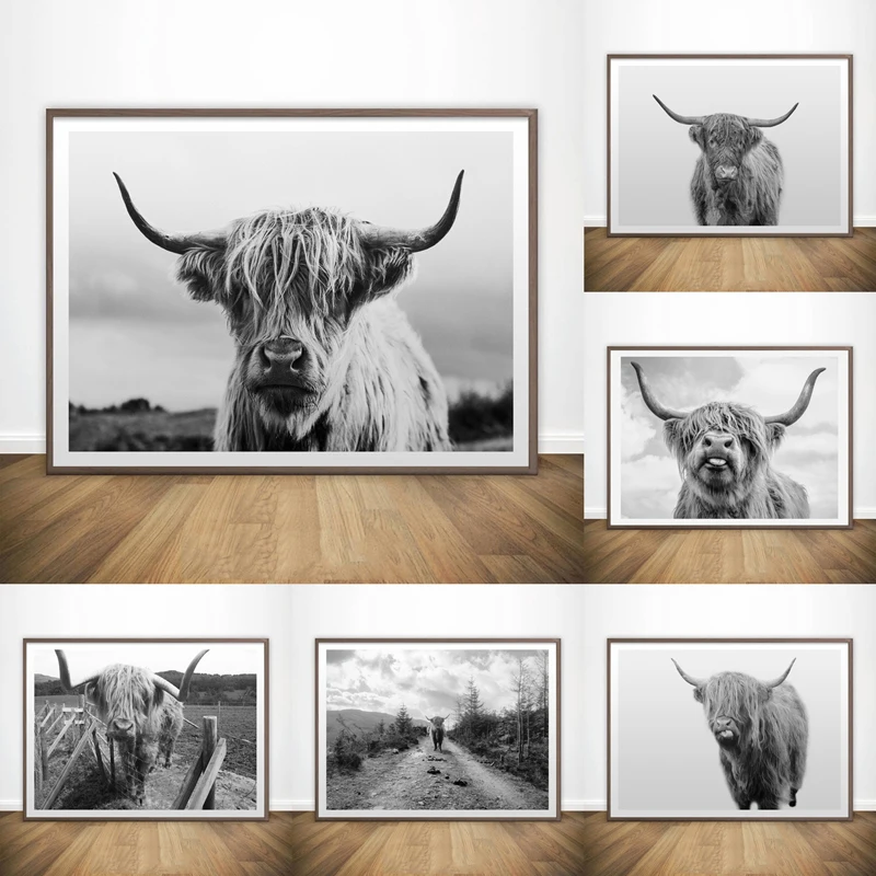 Black-and-White-Highland-Cow-Scottish-Cattle-Wall-Canvas-Art-Nordic-Painting-Poster-and-Print-Wall