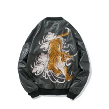 Новинка, мужская кожаная куртка Sukajan, японский вышитый тигр, куртка-бомбер, верхняя одежда, B7