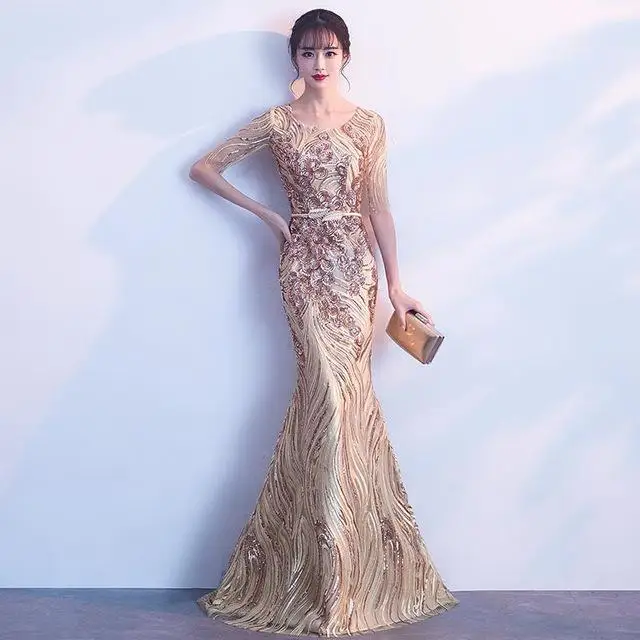 Золотое платье с блестками, с круглым вырезом, Cheongsam, труба, сексуальные, половина рукава, Роскошные вечерние платья для выпускного вечера, полная длина, облегающее платье с цветочным узором, Qipao - Цвет: Золотой