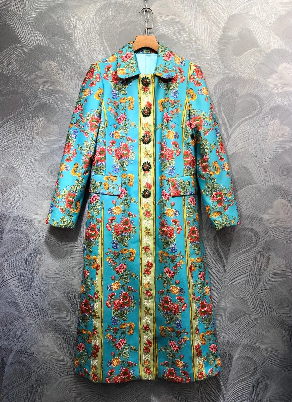 Женское пальто в европейском и американском стиле, высокое качество, цветочный принт, весна-осень 2020, стразы, пуговицы, винтажное пальто