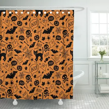 

Halloween Festive Orange Endless Cat Pumpkins Skulls Bats Spiders Shower Curtains Waterproof Polyester Fabric 72 x 78 inches wit