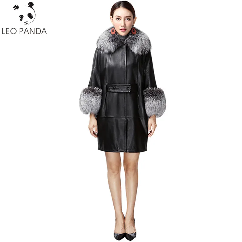 

Plus Size Luxury Fashion Genuine Sheepskin Leather Coat Women New Large Natural Real Fox Fur Collar Batwing Sleeve Leather Coat