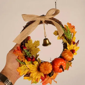 

Pumpkin Berry Maple Leaf Bells Wreath Hanging Ornament Artificial Autumn Leaves Door Wall Garland For Home Halloween Party Decor