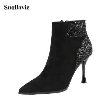 

Glitter Women High heels Winter Boots Pointed Toe Martin Boots Women Flock Sequin Ankle Boots Strippe Booties