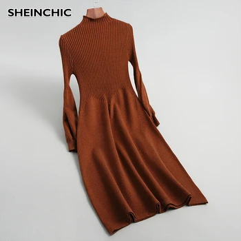 

2020 Spring And Autumn New Knitted Dress Elegant Round Neck Long Sleeve Slim Patchwork Vintage Knit Dress For Female New Fashion