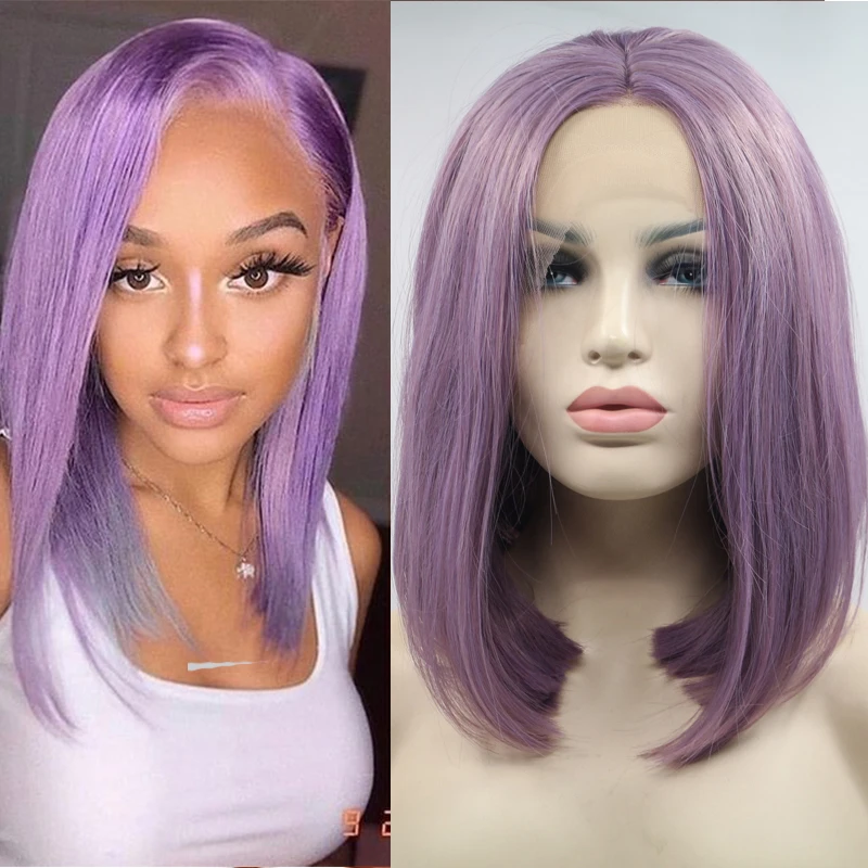 Short Synthetic Purple Middle Part Lace Frontal Wigs Bob Front Wig Straight Glueless Cosplay Highlight Hair For Black Women