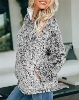 

Women Winter Casual Solid Warm Fluffy Sweater Turtleneck Zipper Fleece Pullovers Female Thick Plush Coat