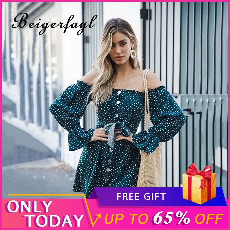Beigerfayl 2019 платье в горошек с одним плечом винтажный буф длинным рукавом