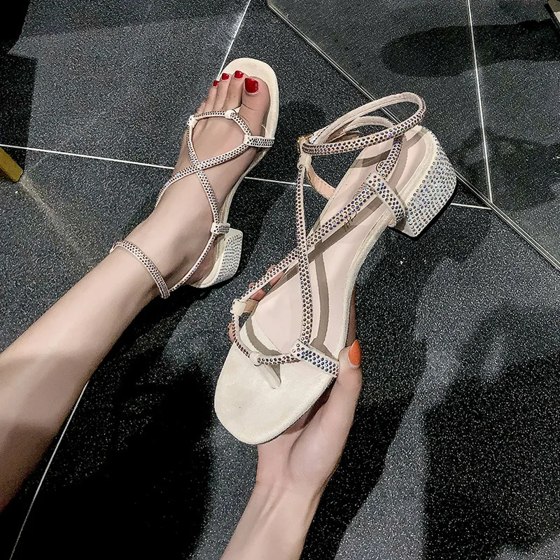 

2019 Summer New Style Sandals Women's INS Fashion Chunky-Heel Versatile Simple Man-made Diamond Thin Drawstring Open Toe Elevato