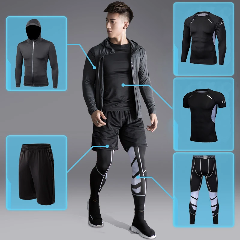 2020 New Men's Running Sets 5pcs/sets Compression Sport Suits Basketball  Training Tights Clothes Gym Fitness Jogging Sportswear