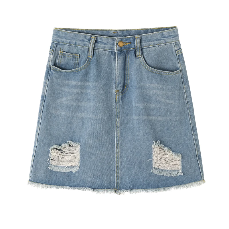 

5XL Blue Ripped Casual Mini Denim Skirt Summer New Women High Waist Jeans Skirts Basic Pocket A-line Plus Size Faldas Mujer Moda