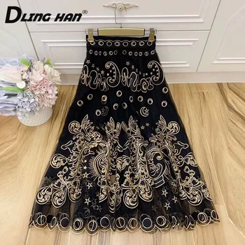 

DLINGHAN Vintage Embroidery Big pendulum Skirt Women's High waist black Mesh Long Skirts Designer Autumn New