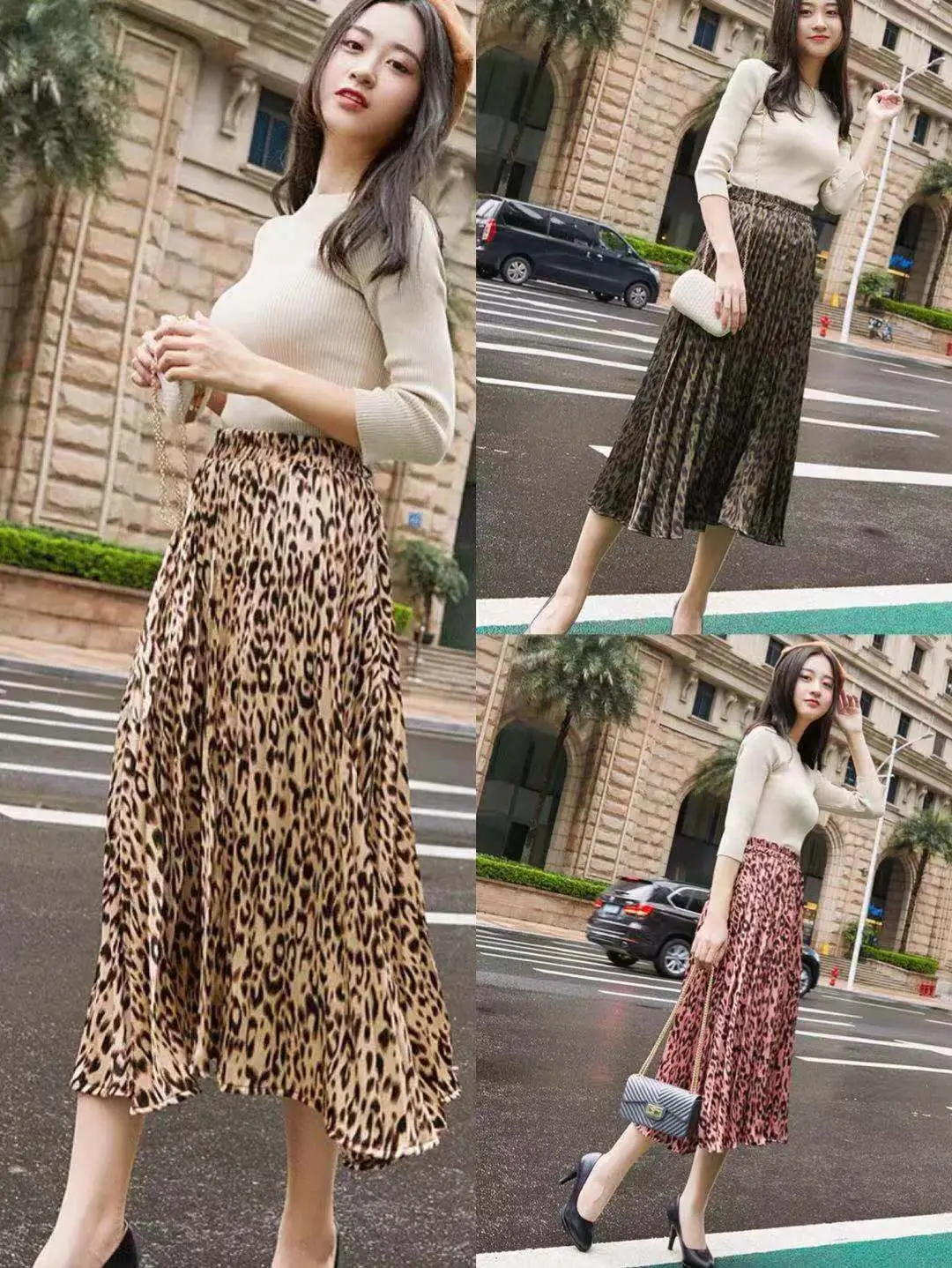 High Fashion Leopard Print Skirts Spring Women Pleated Skirts Elastic High Waist Long Skirt Female Party Holiday Skirt