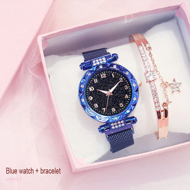 Роскошные женские часы браслет модные женские звездное небо магнитные часы повседневные Стразы Наручные часы женские часы relogio feminino - Цвет: Blue bracelet