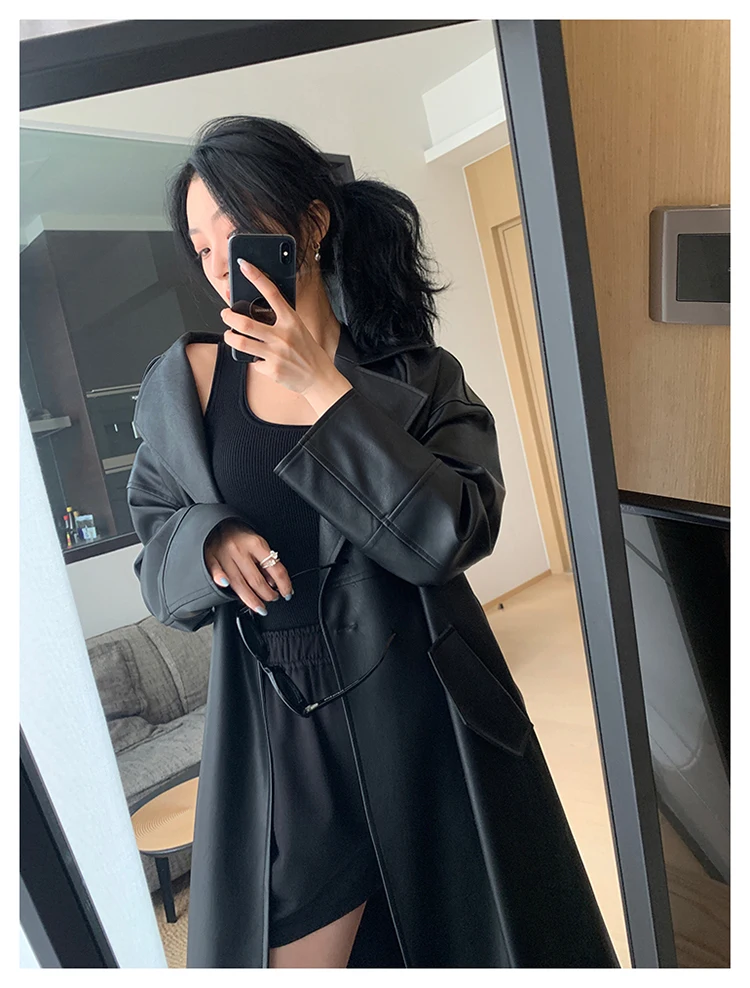 Lautaro Spring Autumn Long Oversized Black Leather Trench Coat for Women Sashes Single Button Loose Stylish Korean Fashion 2021 black parka